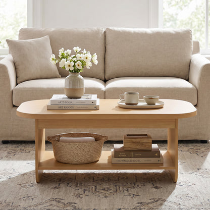 Natural wood 2-tier oval coffee table with bottom storage shelf for living room, mid-century style by Wilsons Home Store
