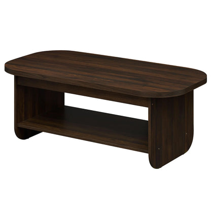Natural wood 2-tier oval coffee table with bottom storage shelf for living room, modern mid-century design by Wilsons Home Store