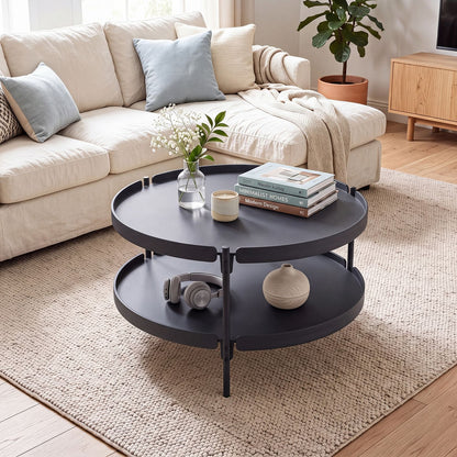 Black 2-tier plastic coffee table for living room, modern round design with spacious surfaces, by Direct by Wilsons Home Store.