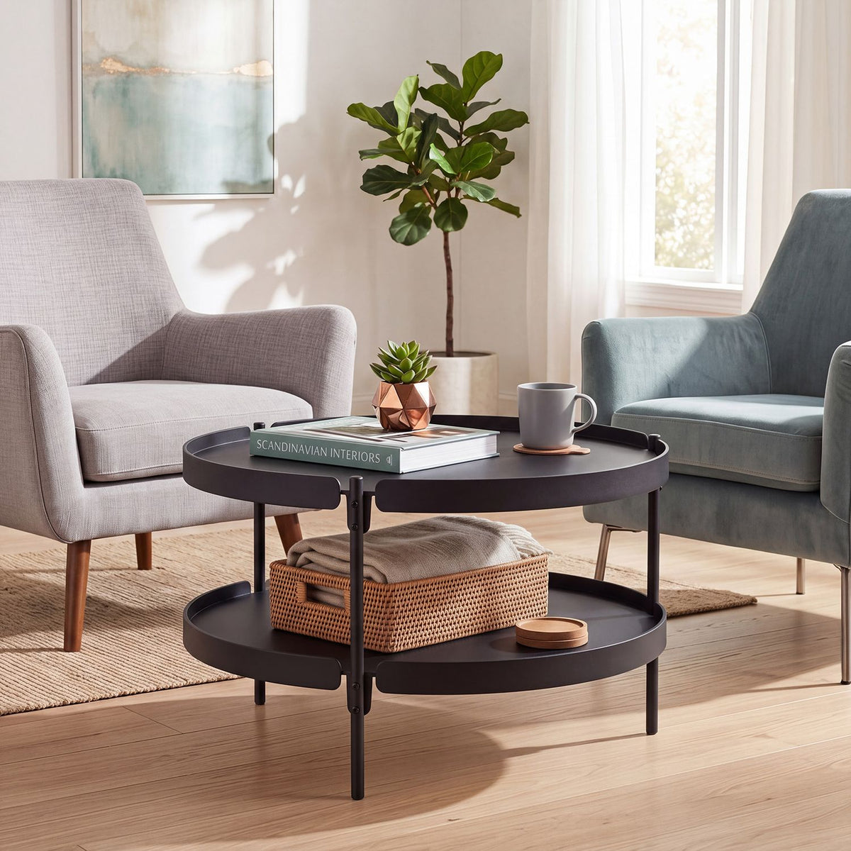 Black 2-tier plastic round coffee table for living room by Wilsons Home Store, featuring modern design and sturdy construction.