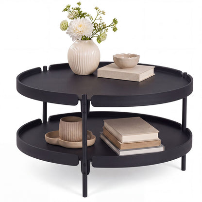 Black 2-tier plastic coffee table for living room, modern round design with storage space, by Wilsons Home Store.