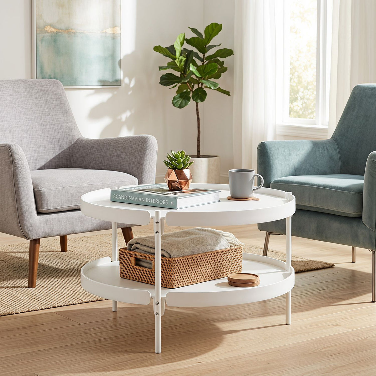 Black 2-tier plastic round coffee table for living room, modern design with two levels for storage and style.