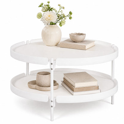 Black 2-tier plastic round coffee table for living room, modern design, sturdy surface, ideal for casual living spaces.