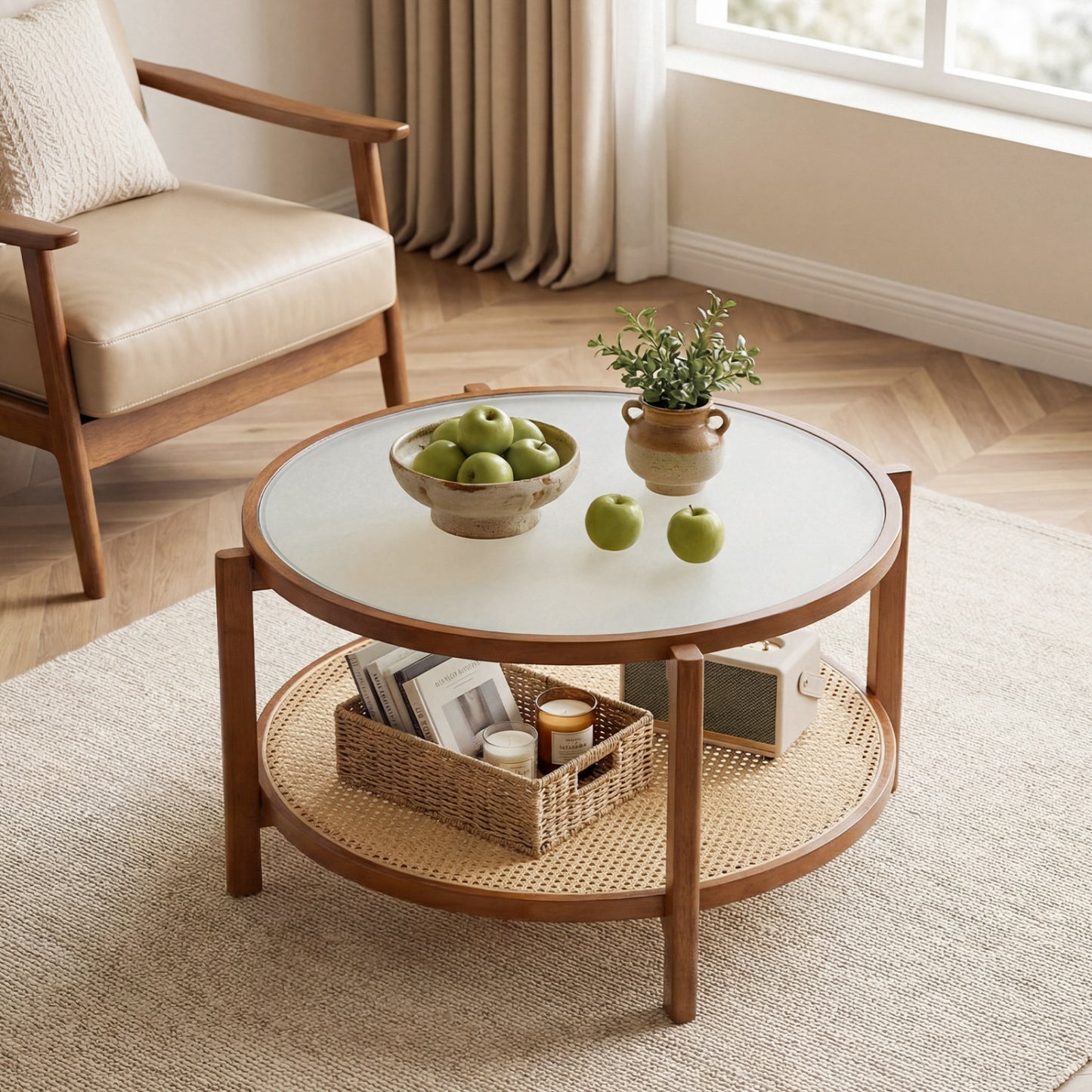 Two-tier rattan coffee table with frosted glass top and wood walnut legs, stylish living room furniture piece.