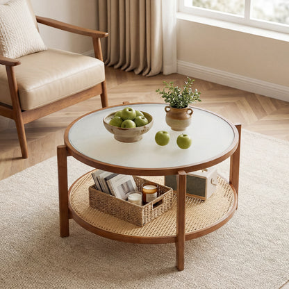 Two-tier rattan coffee table with frosted glass top and wood walnut legs, stylish living room furniture piece.