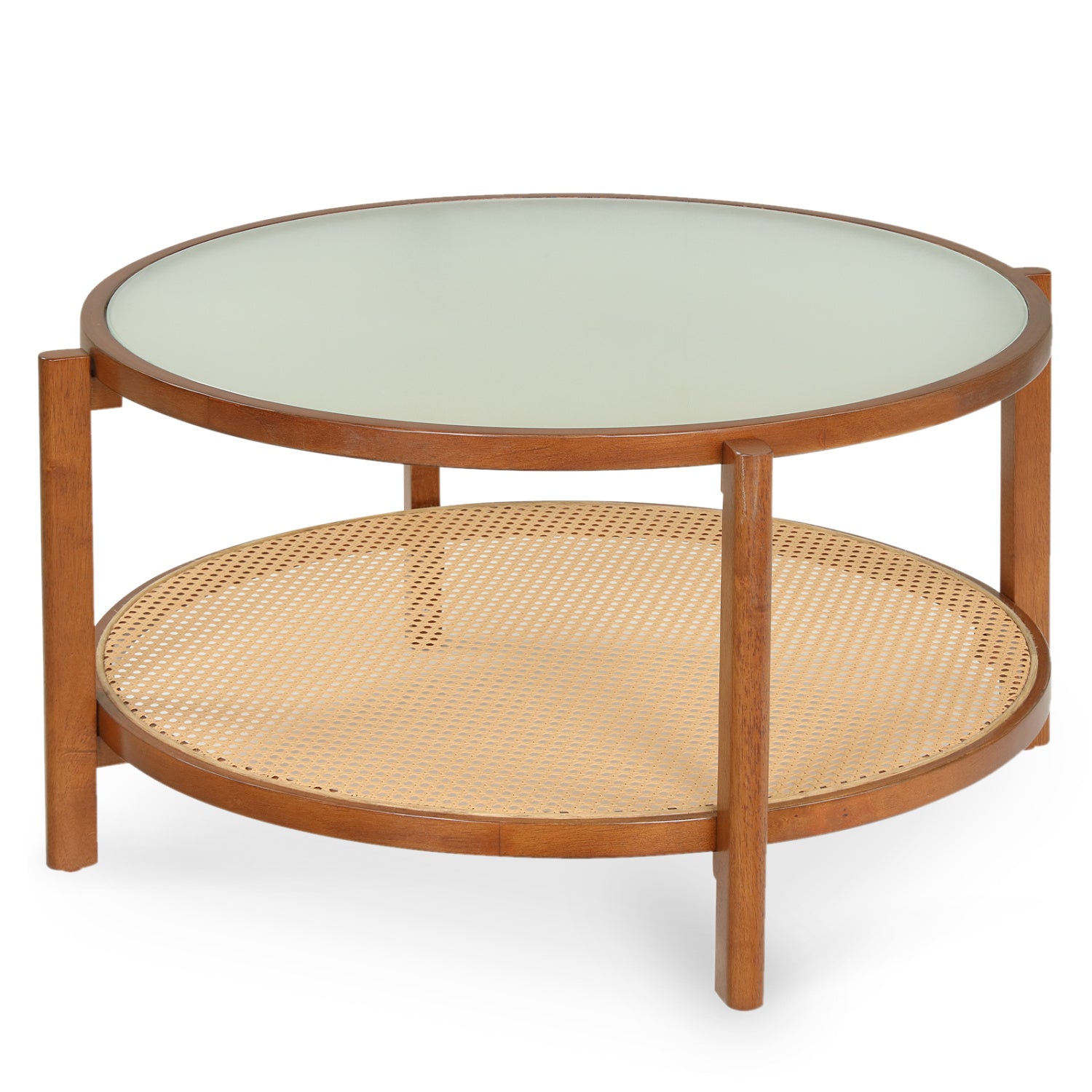 Two-tier rattan coffee table with frosted glass top and wood walnut legs, suitable for living room decor.