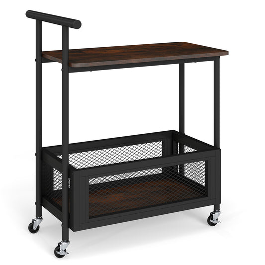 2-Tier Rolling End Table with Handle and Mesh Basket-Rustic Brown