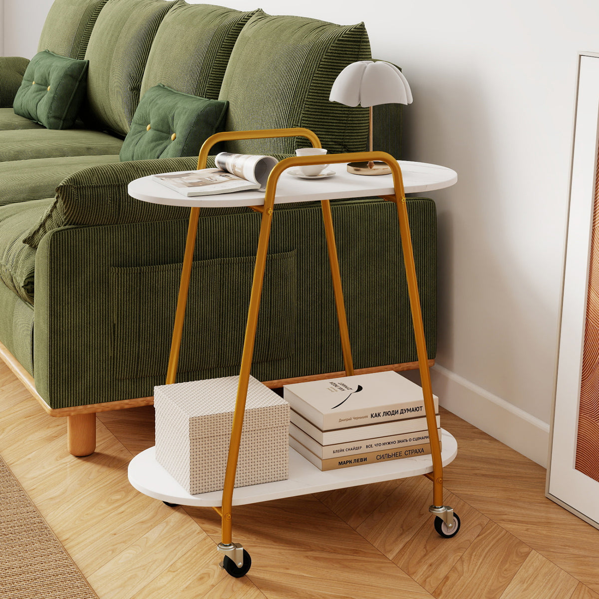 White 2-tier rolling end table with faux marble surfaces, perfect for small living rooms, by Wilsons Home Store.