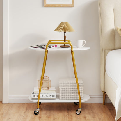 White 2-tier rolling end table with faux marble surfaces, compact design, and casters for easy mobility in small living spaces.