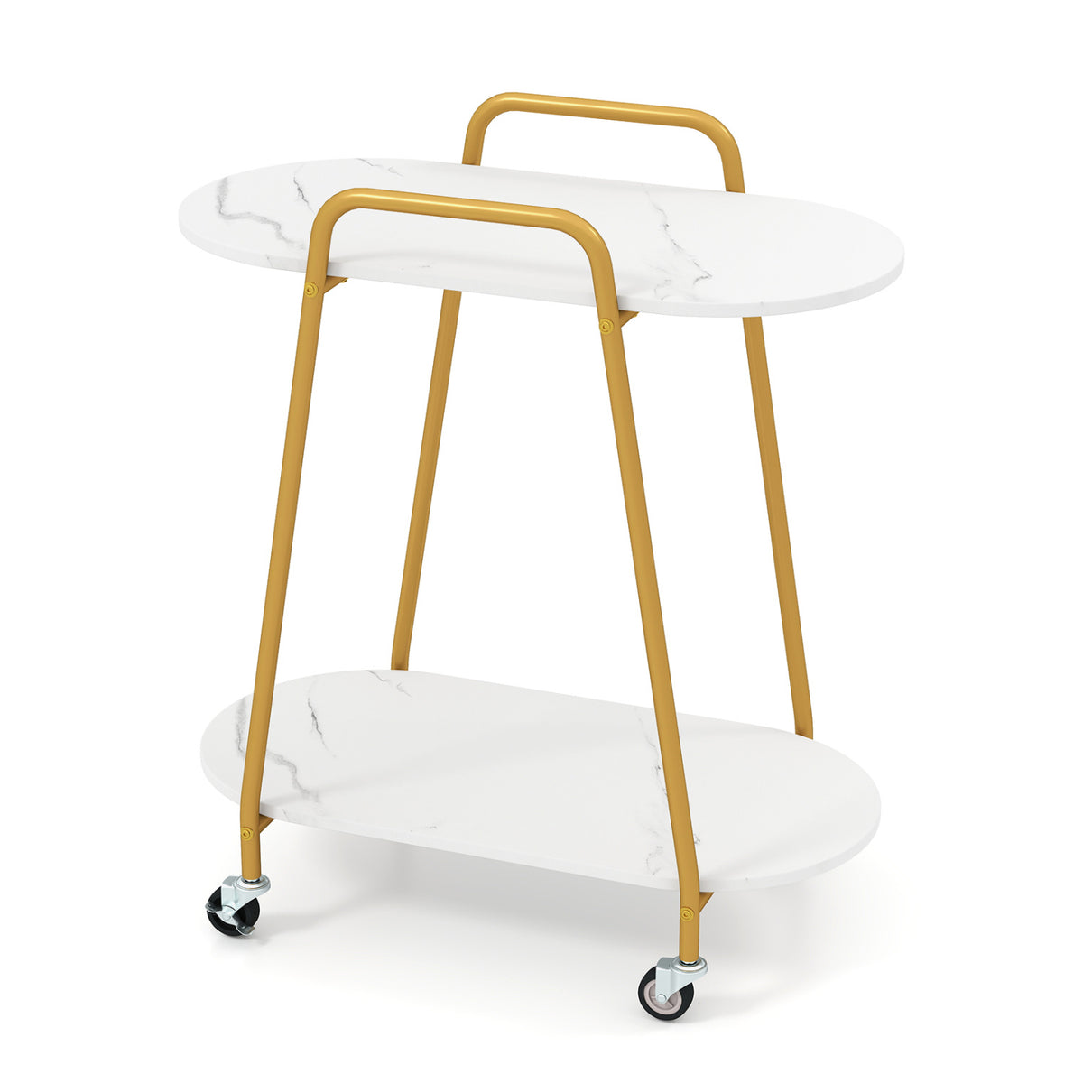 White 2-tier rolling end table with faux marble surfaces, ideal for small living rooms, by Wilsons Home Store.