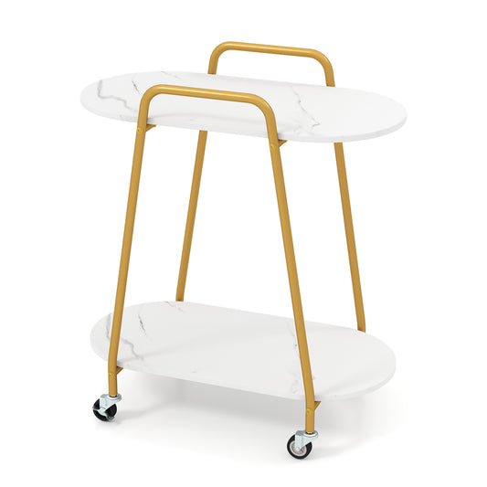 White 2-tier rolling end table with faux marble surfaces, ideal for small living rooms, by Wilsons Home Store.