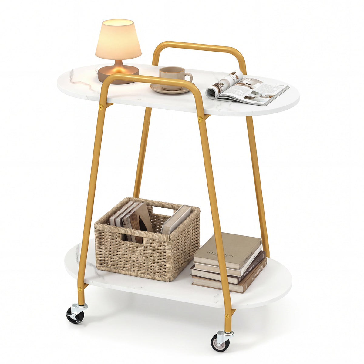 White 2-tier rolling end table with faux marble surfaces, compact and portable design for small living room spaces.