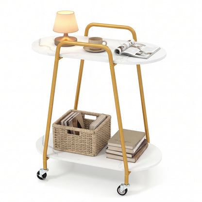 White 2-tier rolling end table with faux marble surfaces, compact and portable design for small living room spaces.