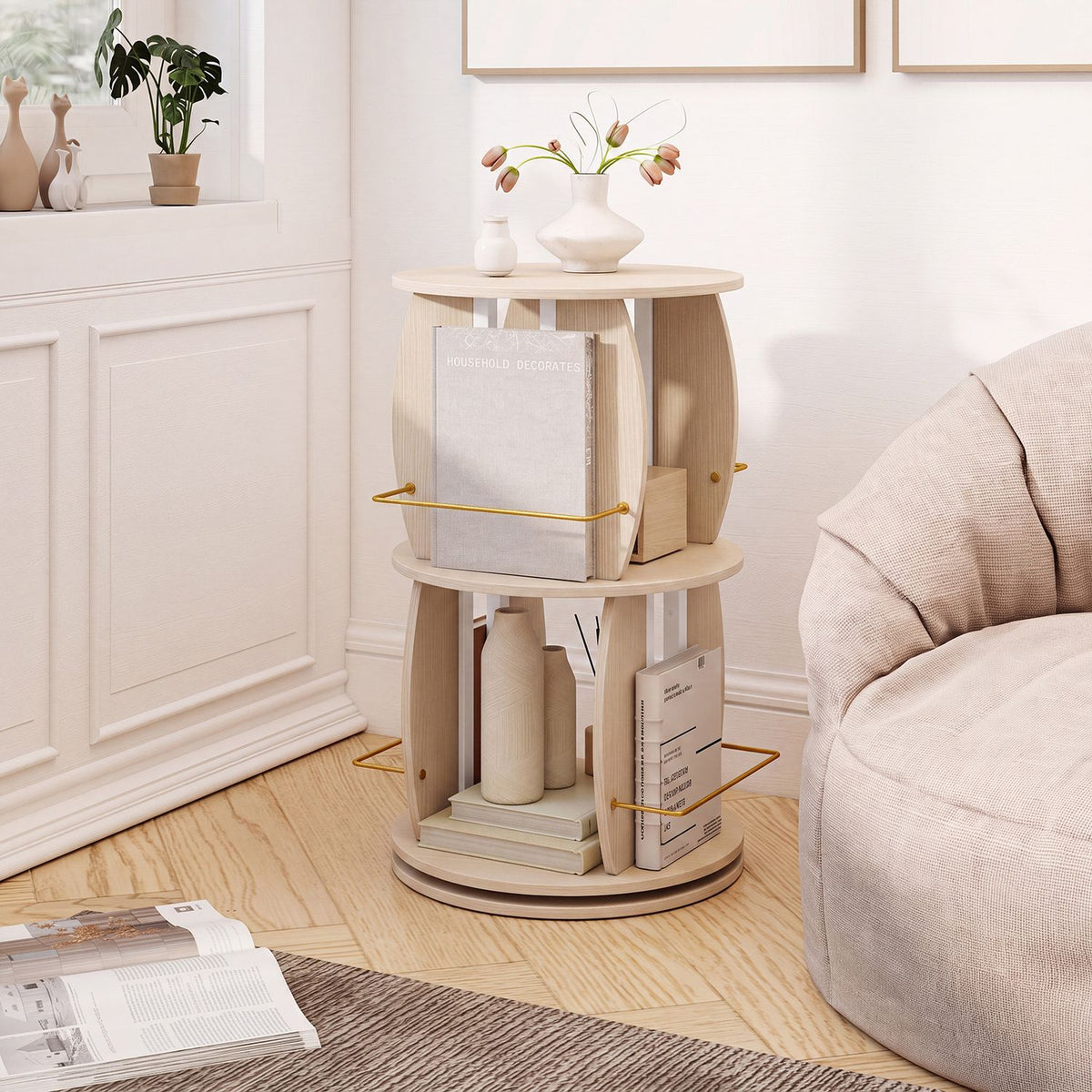 Two-tier oak rotating bookshelf tower with display stands and side rails, ideal for home office storage and organization.