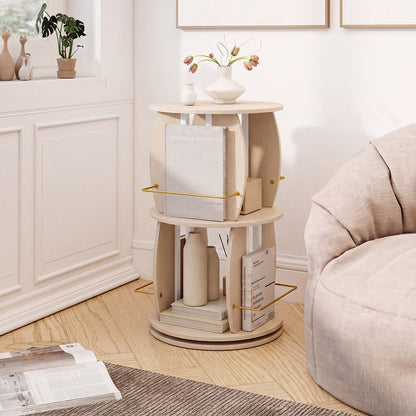 Two-tier oak rotating bookshelf tower with display stands and side rails, ideal for home office storage and organization.