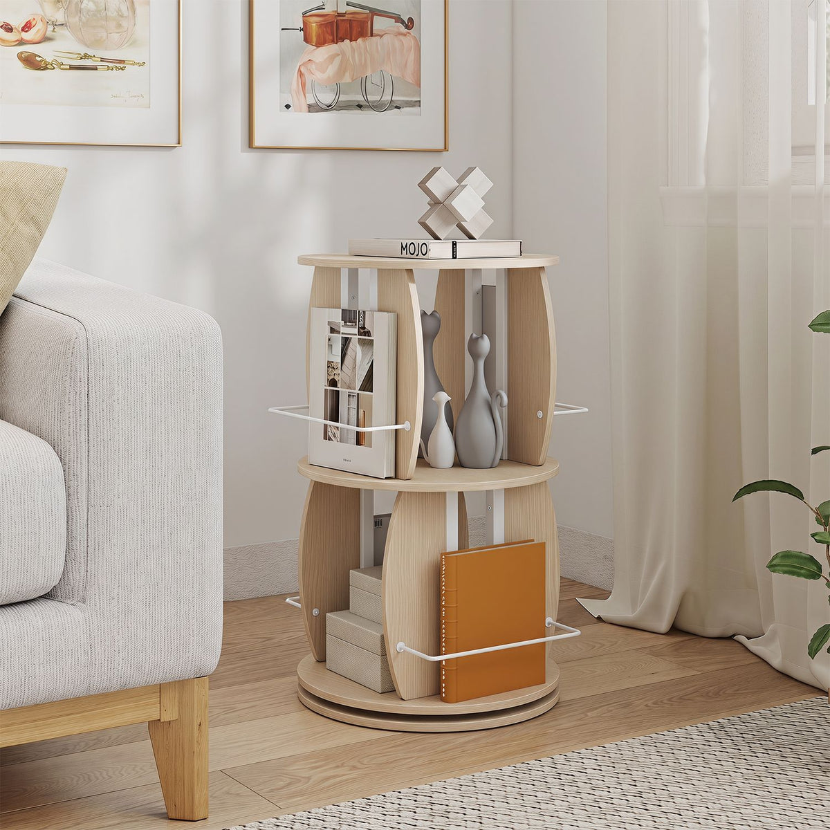 Oak 2-tier rotating bookshelf tower with display stands and side rails, ideal for home office storage and organization.