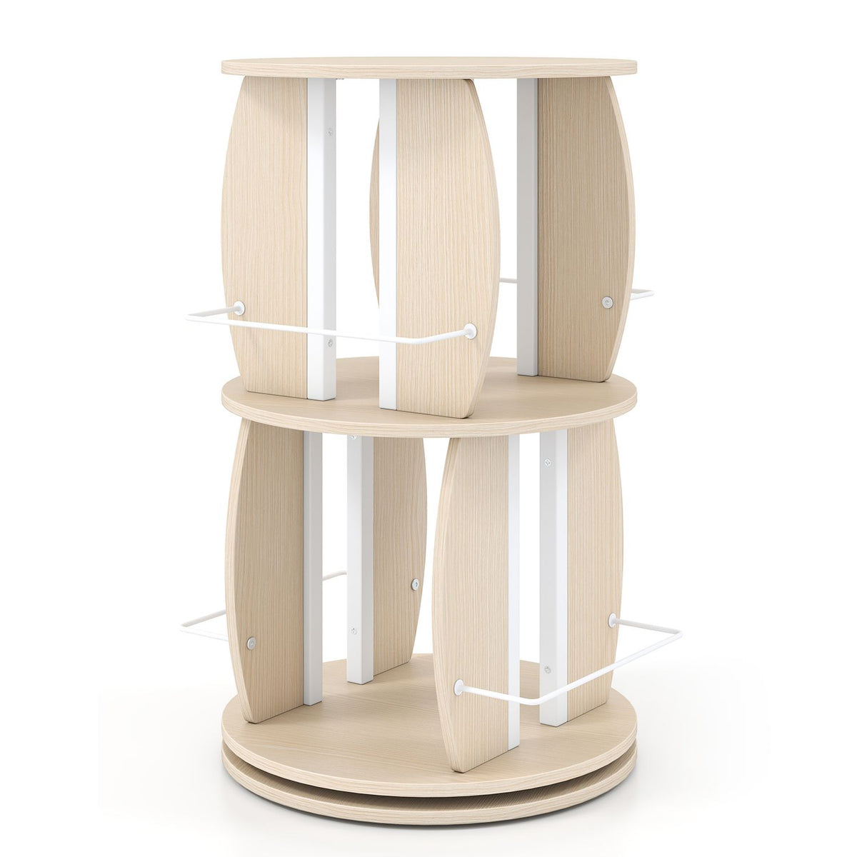 Oak 2-tier rotating bookshelf tower with display stands and side rails, ideal for home office organization and book storage.