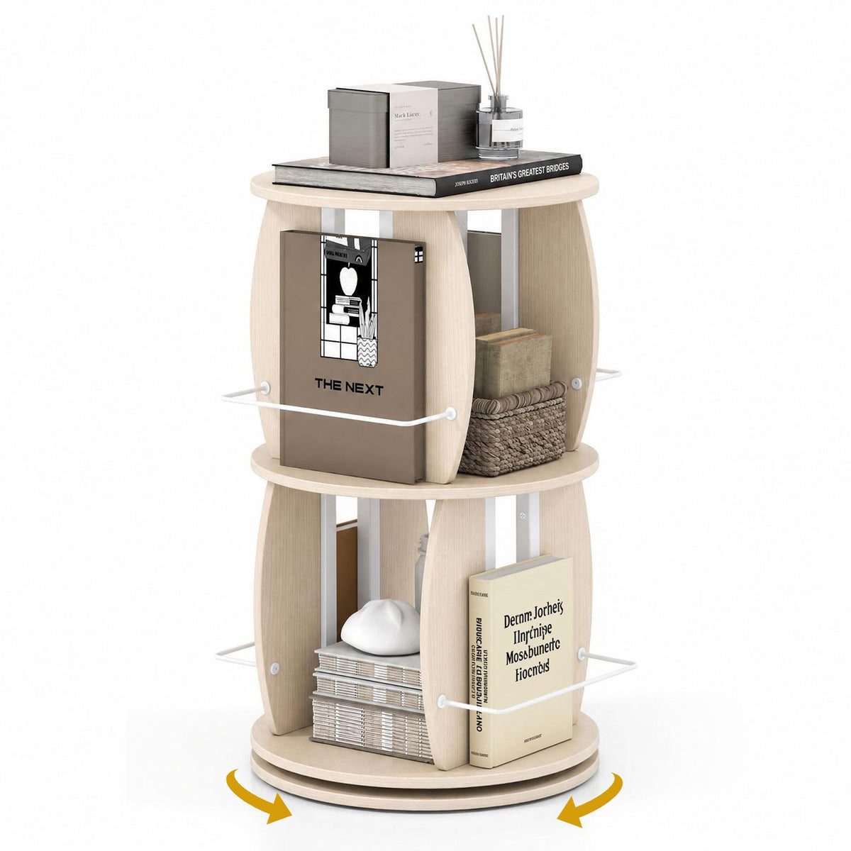Oak 2-tier rotating bookshelf tower with display stands and side rails, ideal for home office storage and organization.