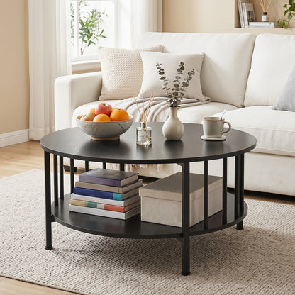 Black walnut 2-tier round coffee table with storage shelf and metal accents, modern furniture for living room decor