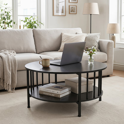 Round black walnut coffee table with two tiers, storage shelf, and metal accents for living room decor.