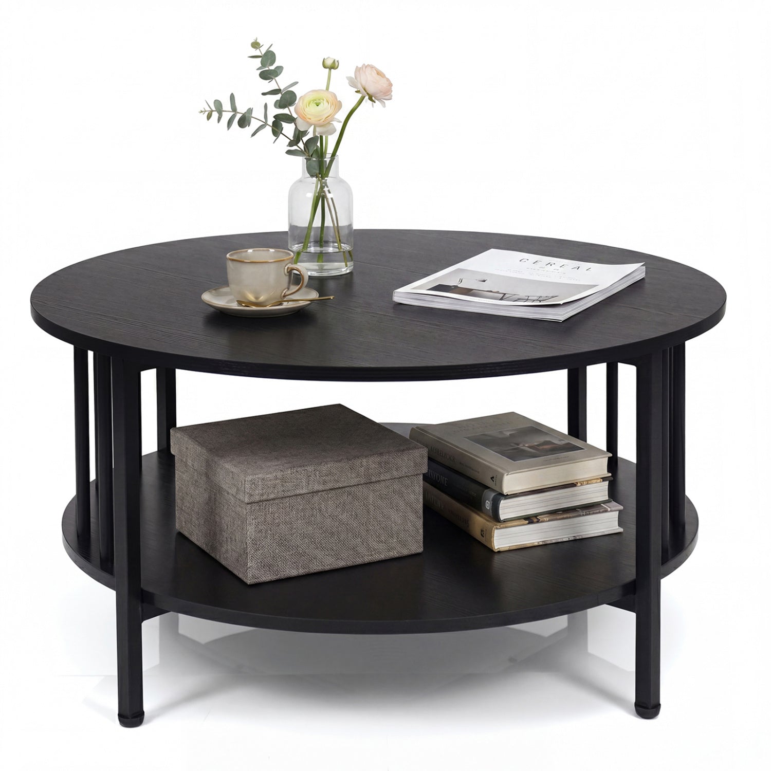 Black walnut 2-tier round coffee table with storage shelf and metal accents, modern living room furniture.