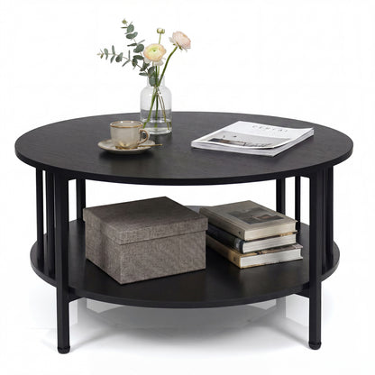 Black walnut 2-tier round coffee table with storage shelf and metal accents, modern living room furniture.