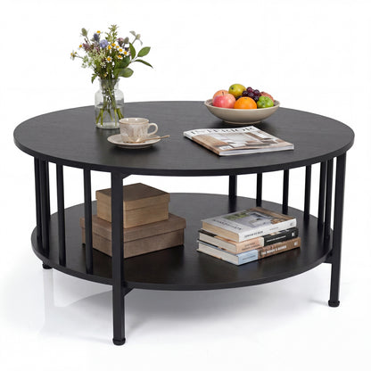 Black walnut 2-tier round coffee table with storage shelf and metal accents, modern living room furniture piece