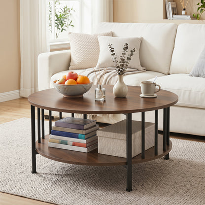 Round black walnut coffee table with two tiers and metal accents, featuring a storage shelf for living room decor.