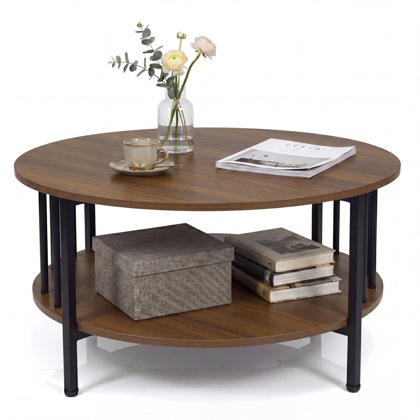 Round black walnut coffee table with two tiers, storage shelf, and metal accents, ideal for living room decor.