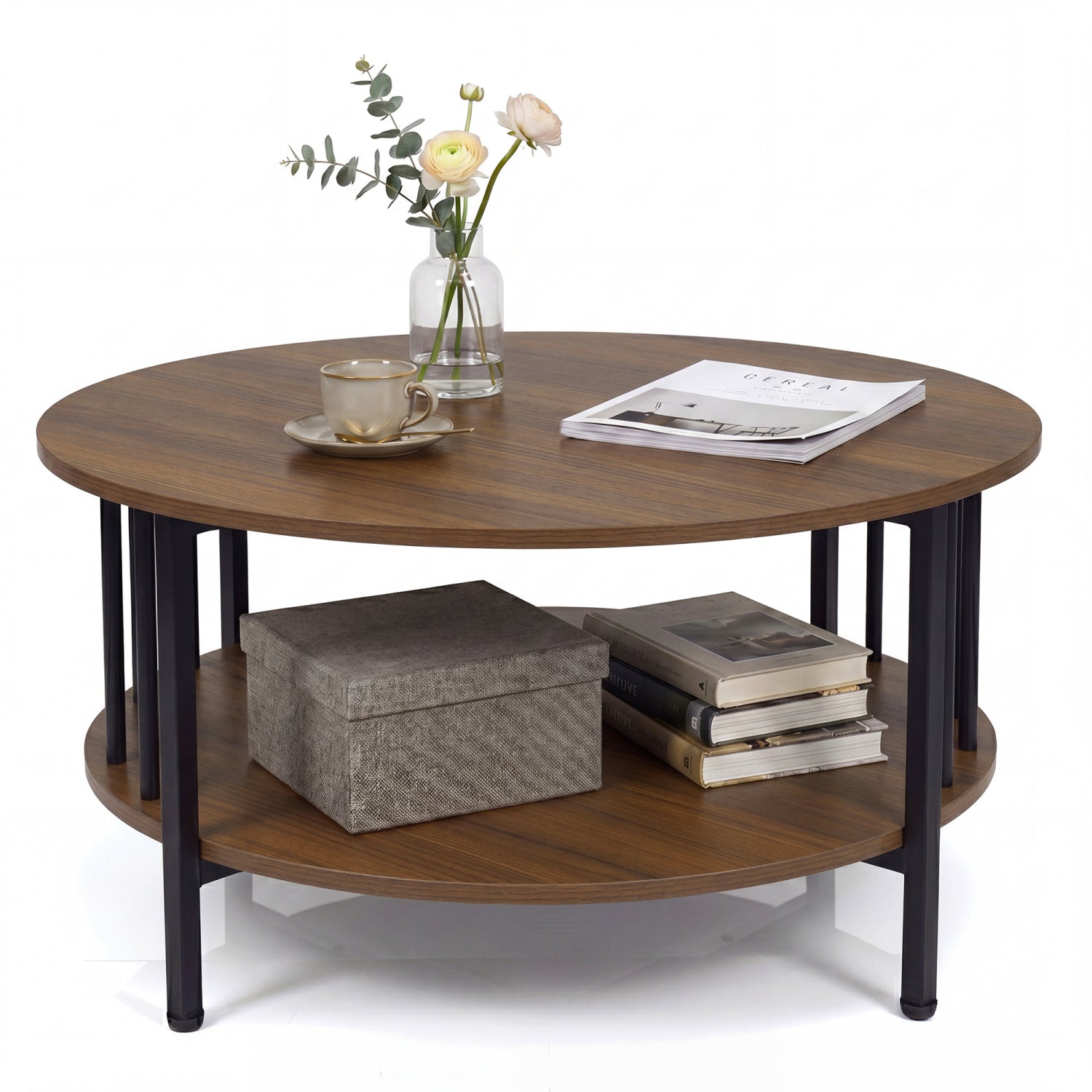 Round black walnut coffee table with two tiers, storage shelf, and metal accents, ideal for living room decor.