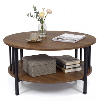 Round black walnut coffee table with two tiers, storage shelf, and metal accents, ideal for living room decor.