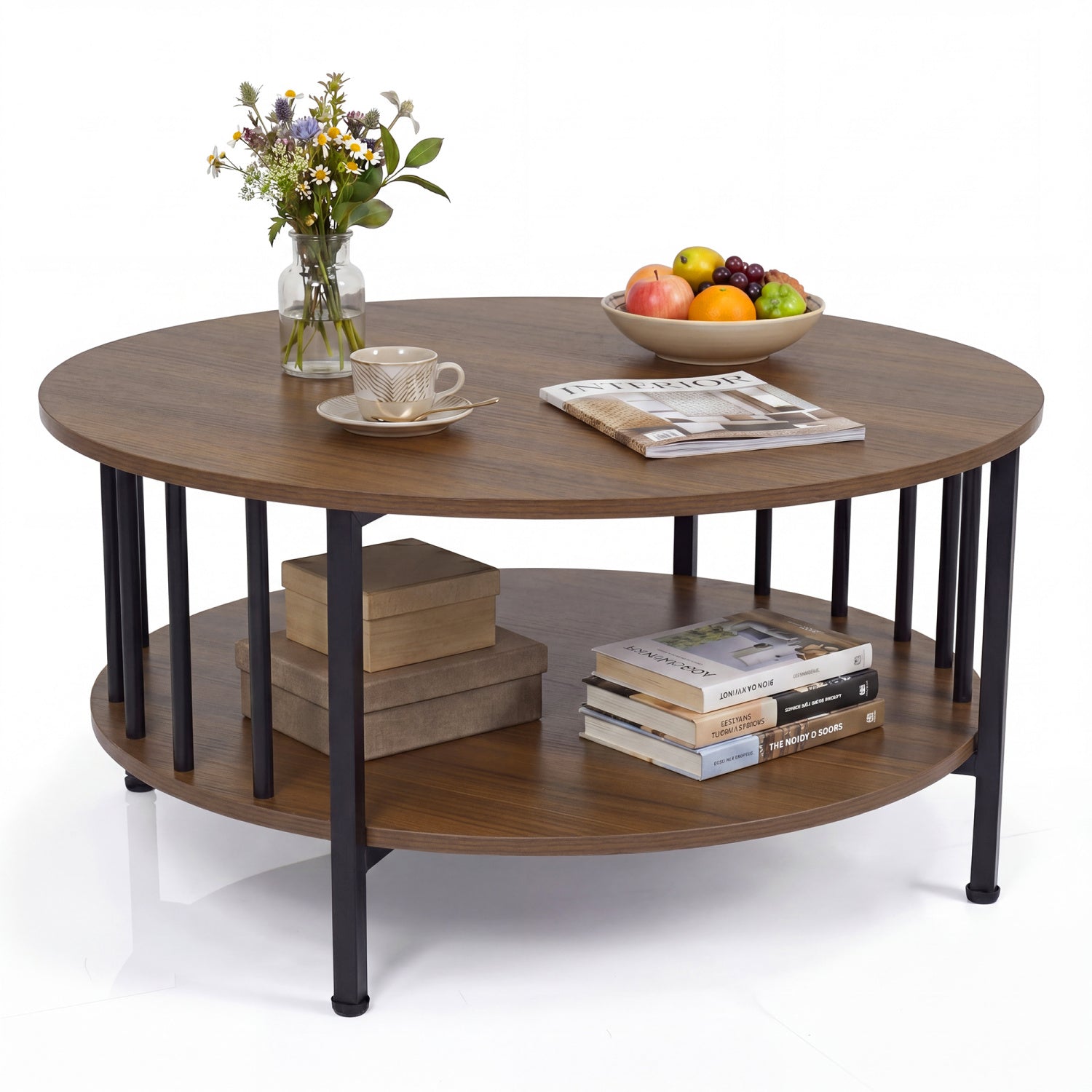 Black walnut 2-tier round coffee table with storage shelf and metal accents, suitable for modern living room decor.