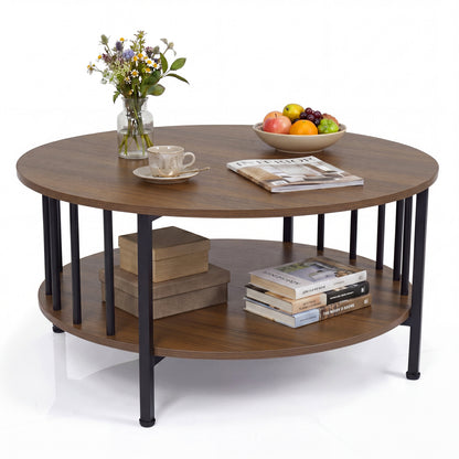 Black walnut 2-tier round coffee table with storage shelf and metal accents, suitable for modern living room decor.