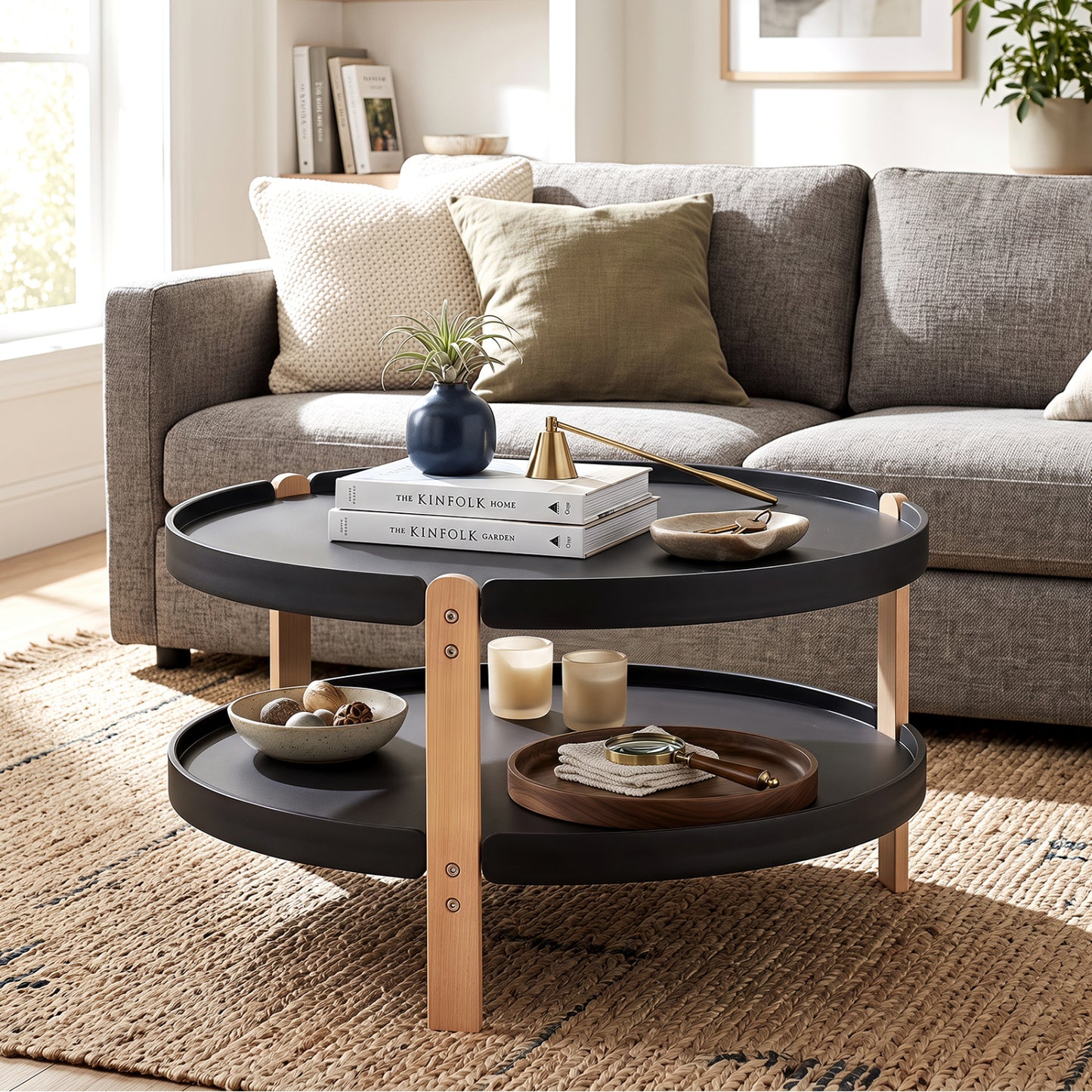 2-Tier Round Coffee Table with Open Storage Shelf and Solid Beech Wood Legs for Living Room-Black