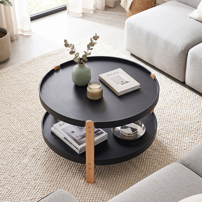 2-Tier Round Coffee Table with Open Storage Shelf and Solid Beech Wood Legs for Living Room-Black