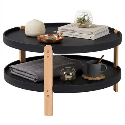 2-Tier Round Coffee Table with Open Storage Shelf and Solid Beech Wood Legs for Living Room-Black