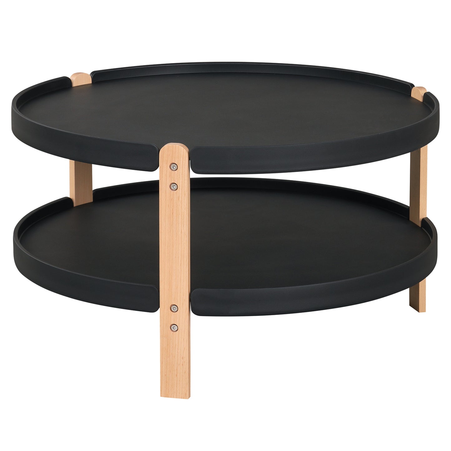 2-Tier Round Coffee Table with Open Storage Shelf and Solid Beech Wood Legs for Living Room-Black