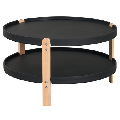 2-Tier Round Coffee Table with Open Storage Shelf and Solid Beech Wood Legs for Living Room-Black