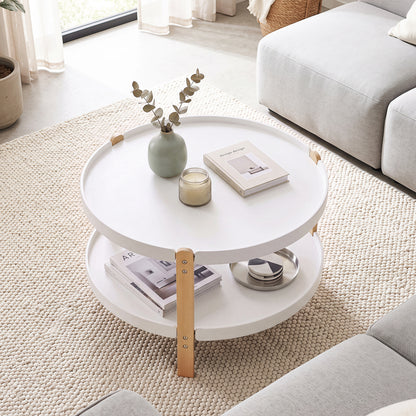 2-Tier Round Coffee Table with Open Storage Shelf and Solid Beech Wood Legs for Living Room-Black