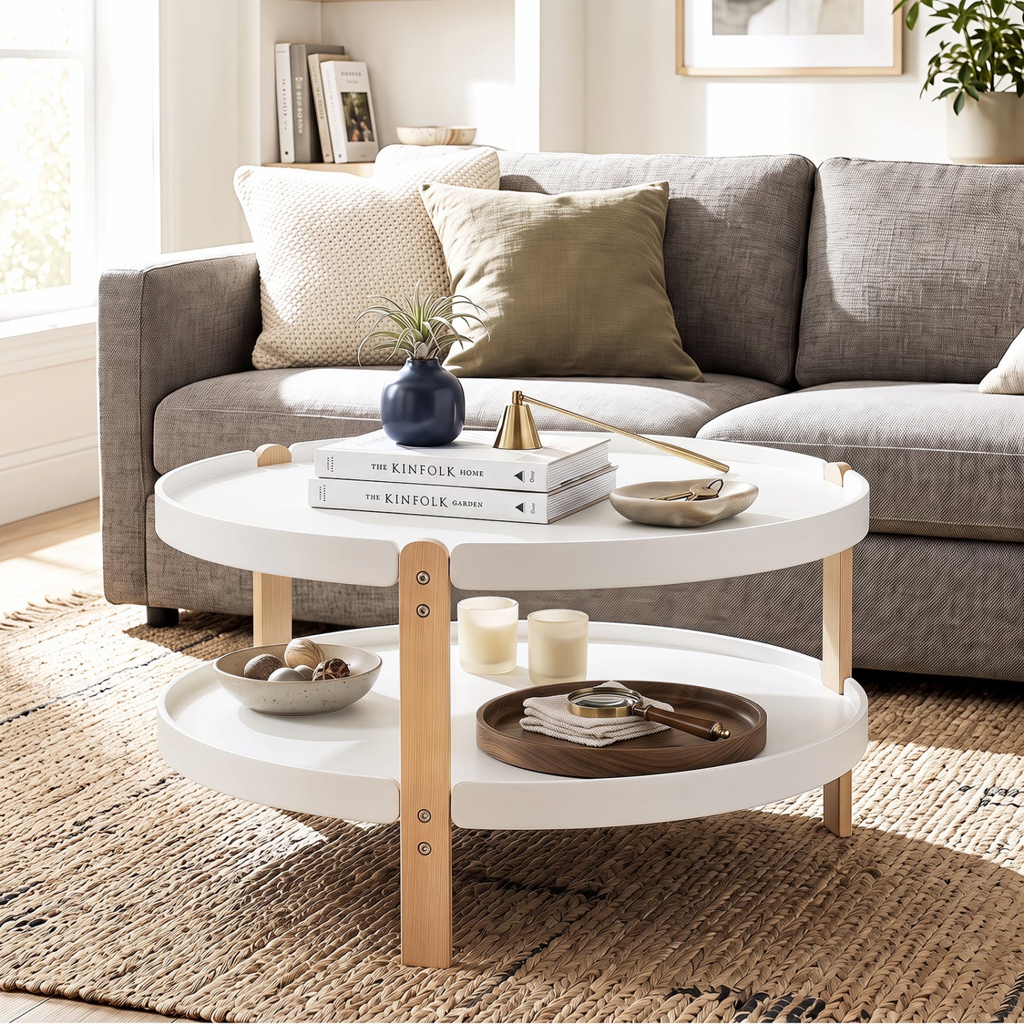 2-Tier Round Coffee Table with Open Storage Shelf and Solid Beech Wood Legs for Living Room-Black
