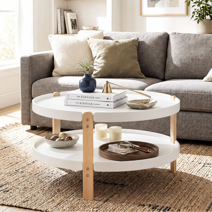 2-Tier Round Coffee Table with Open Storage Shelf and Solid Beech Wood Legs for Living Room-Black
