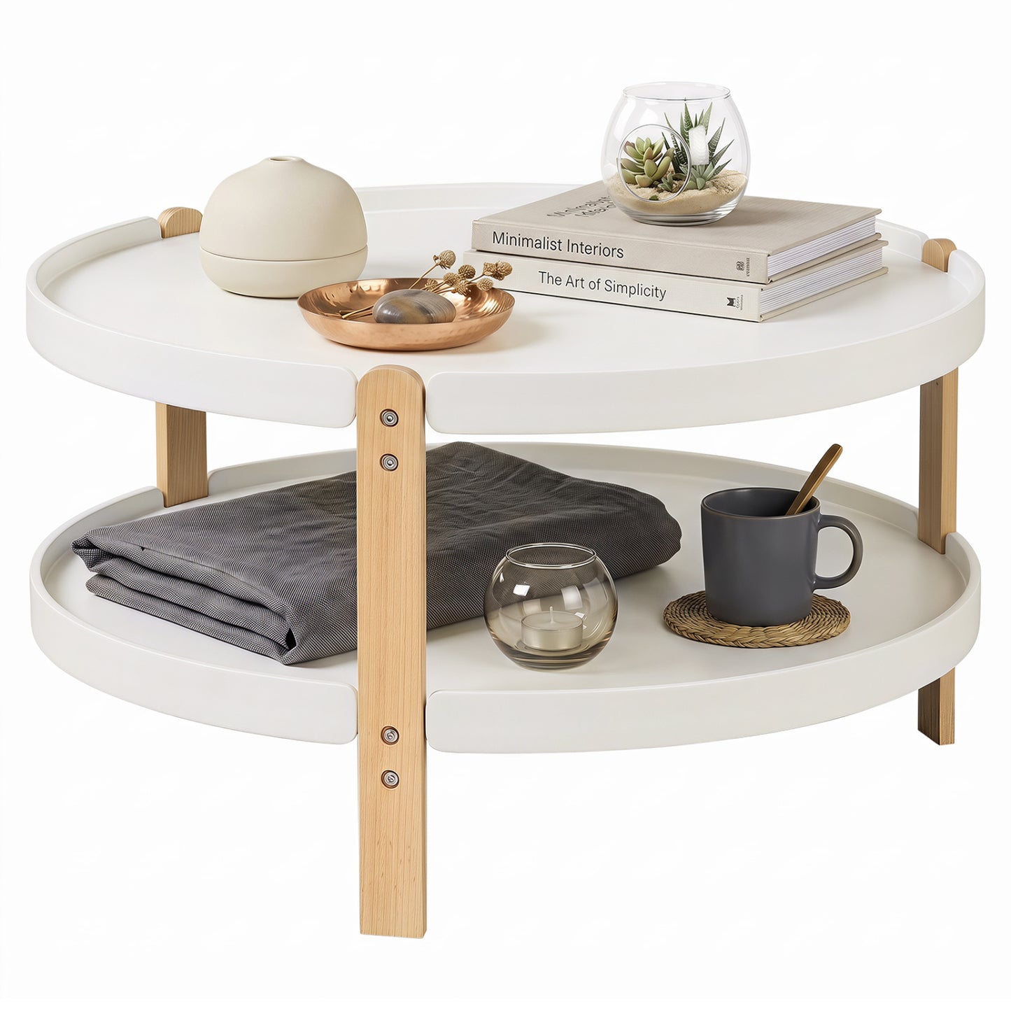 2-Tier Round Coffee Table with Open Storage Shelf and Solid Beech Wood Legs for Living Room-Black