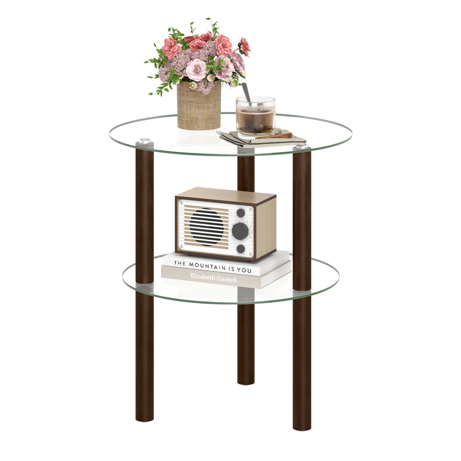 Black 2-tier round end table with clear tempered glass top and shelf for living room decor.