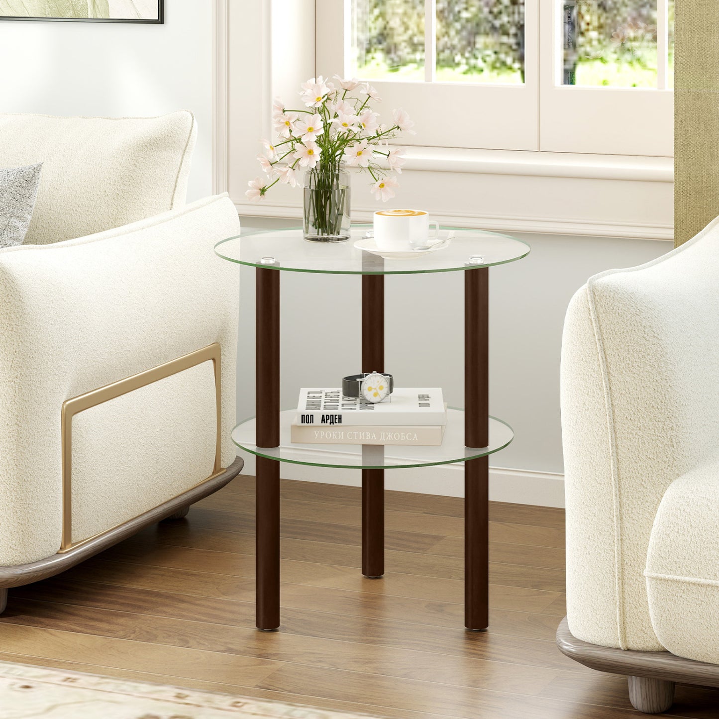 Black 2-tier round end table with clear tempered glass top and shelf, perfect for living room decor and functional space.