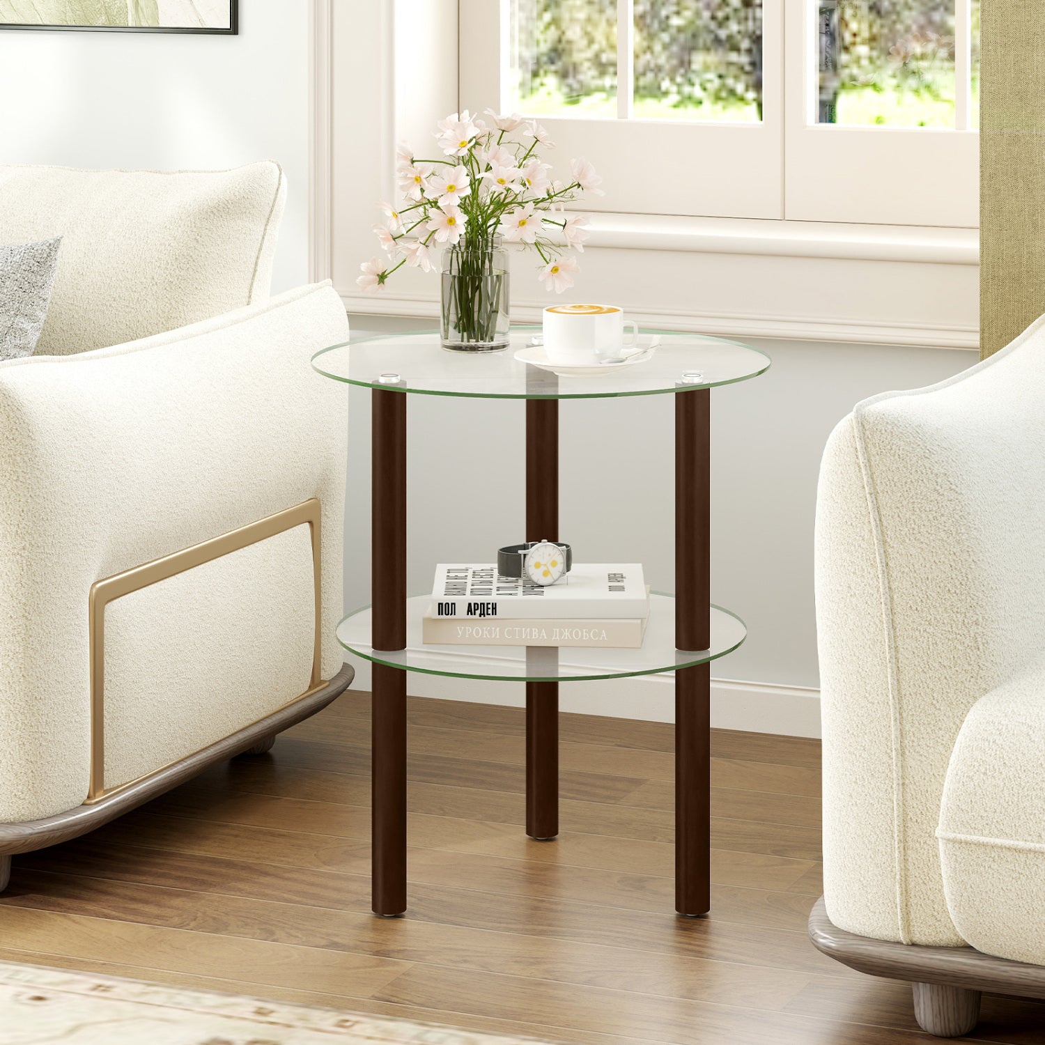 Black 2-tier round end table with clear tempered glass top and shelf, perfect for living room decor and functional space.