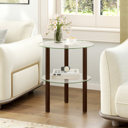 Black 2-tier round end table with clear tempered glass top and shelf, perfect for living room decor and functional space.
