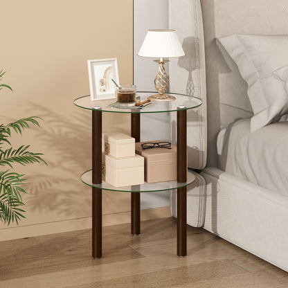 Black 2-tier round end table with clear tempered glass top and shelf, modern furniture for living room decor.