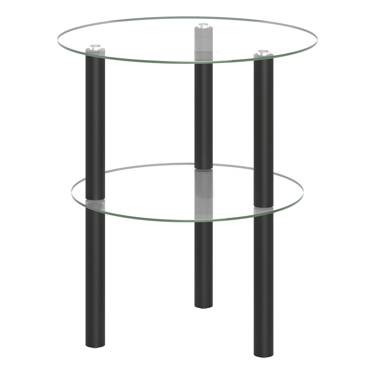 Black 2-tier round end table with clear tempered glass top and shelf, ideal for living room decor.