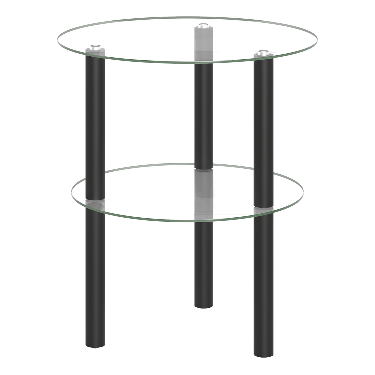 Black 2-tier round end table with clear tempered glass top and shelf, ideal for living room decor.