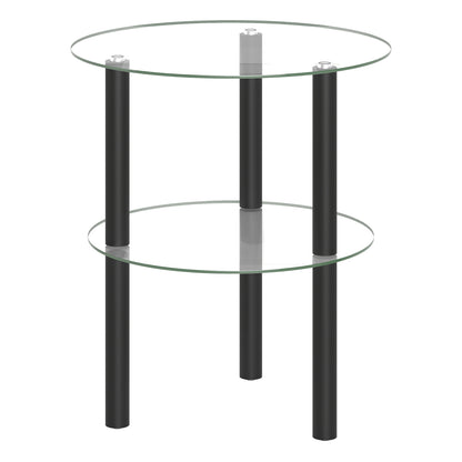 Black 2-tier round end table with clear tempered glass top and shelf, ideal for living room decor.